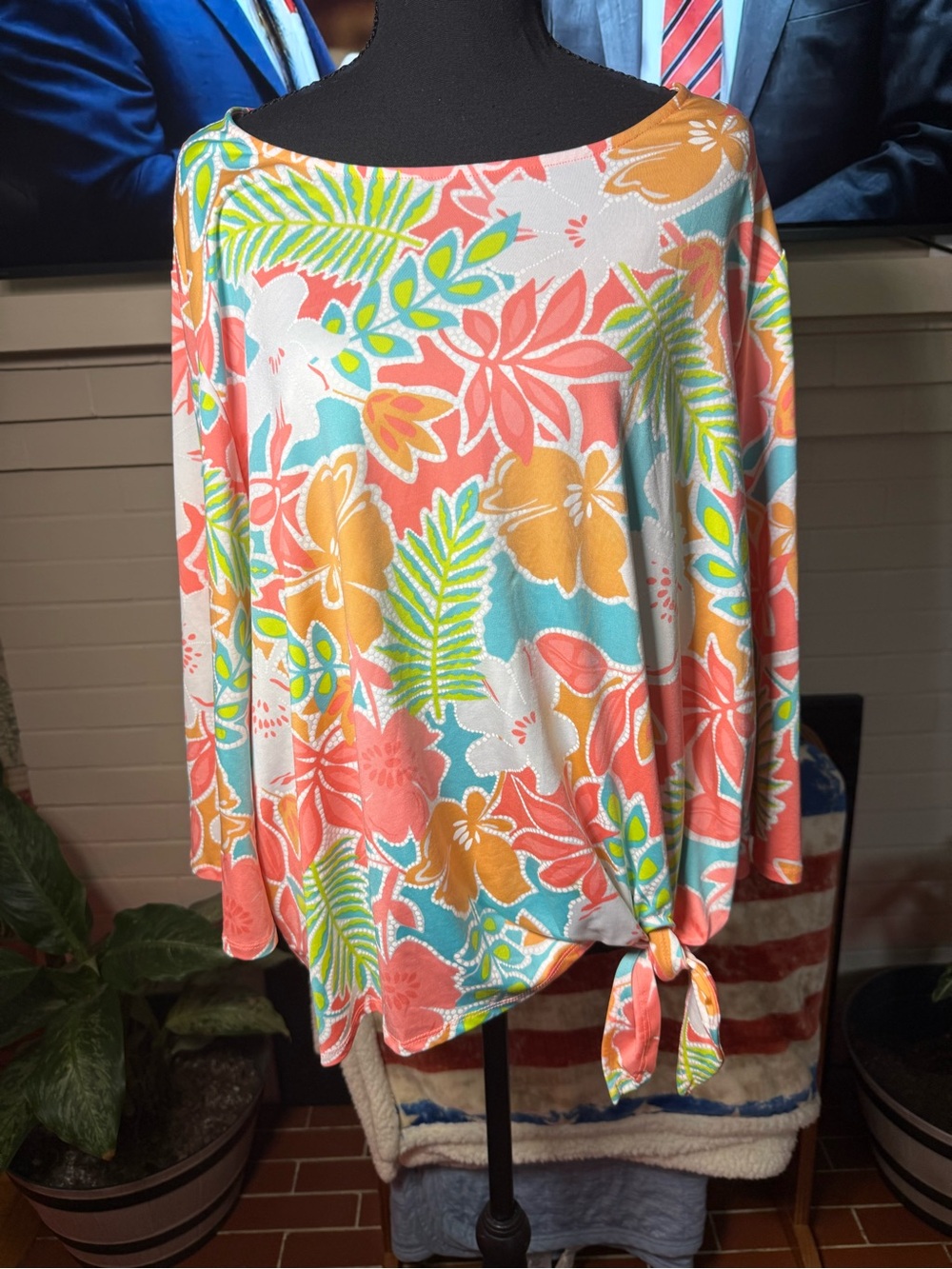 Ruby Rd. Coral Floral Tie-Knot Swim Coverup with Aqua & Lime Accents